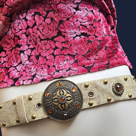 Vintage Boho Studded Hip Belt Round Disc Buckle Size XXL Beige Bronze Rhinestone - Picture 2 of 9